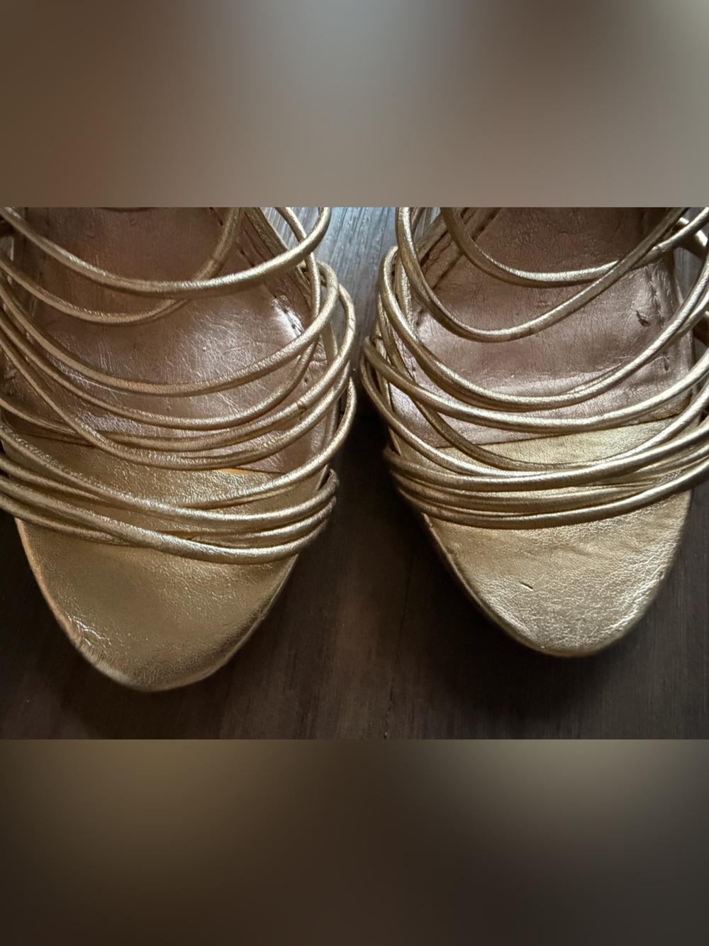 BCBGen Gold Strappy 4" High Heels - Picture 4 of 9